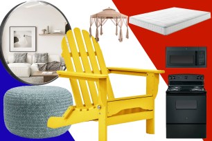 A collage of patio furniture, home decor, and mattress.