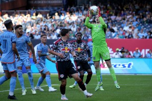New York City FC goalkeeper Matt Freese (49) makes a save against the New York Red Bulls during the second half at Yankee Stadium.