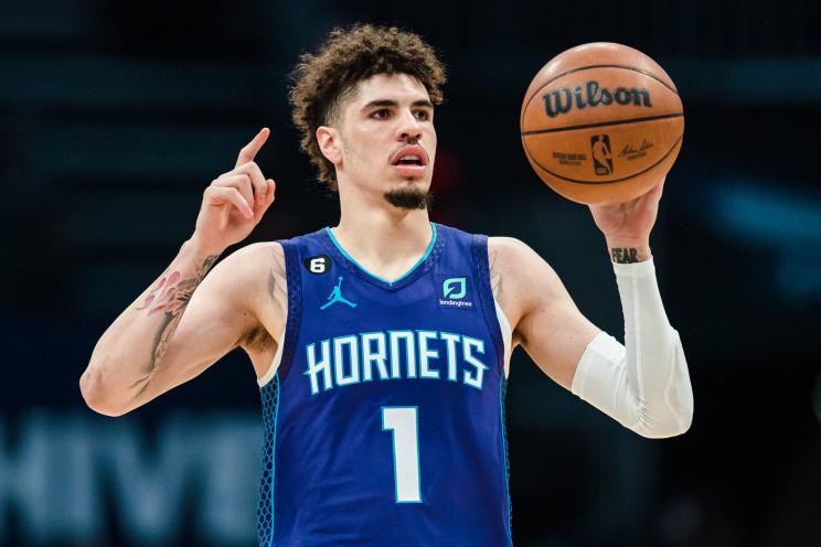CHARLOTTE, NORTH CAROLINA - FEBRUARY 25: LaMelo Ball #1 of the Charlotte Hornets brings the ball up court against the Miami Heat during their game at Spectrum Center on February 25, 2023 in Charlotte, North Carolina. NOTE TO USER: User expressly acknowledges and agrees that, by downloading and or using this photograph, User is consenting to the terms and conditions of the Getty Images License Agreement. (Photo by Jacob Kupferman/Getty Images)