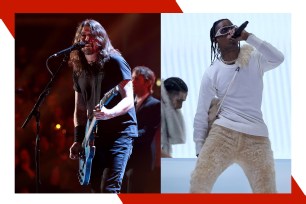Foo Fighters' Dave Grohl (L) and Travis Scott are headlining at the 2023 iHeartRadio Music Festival.