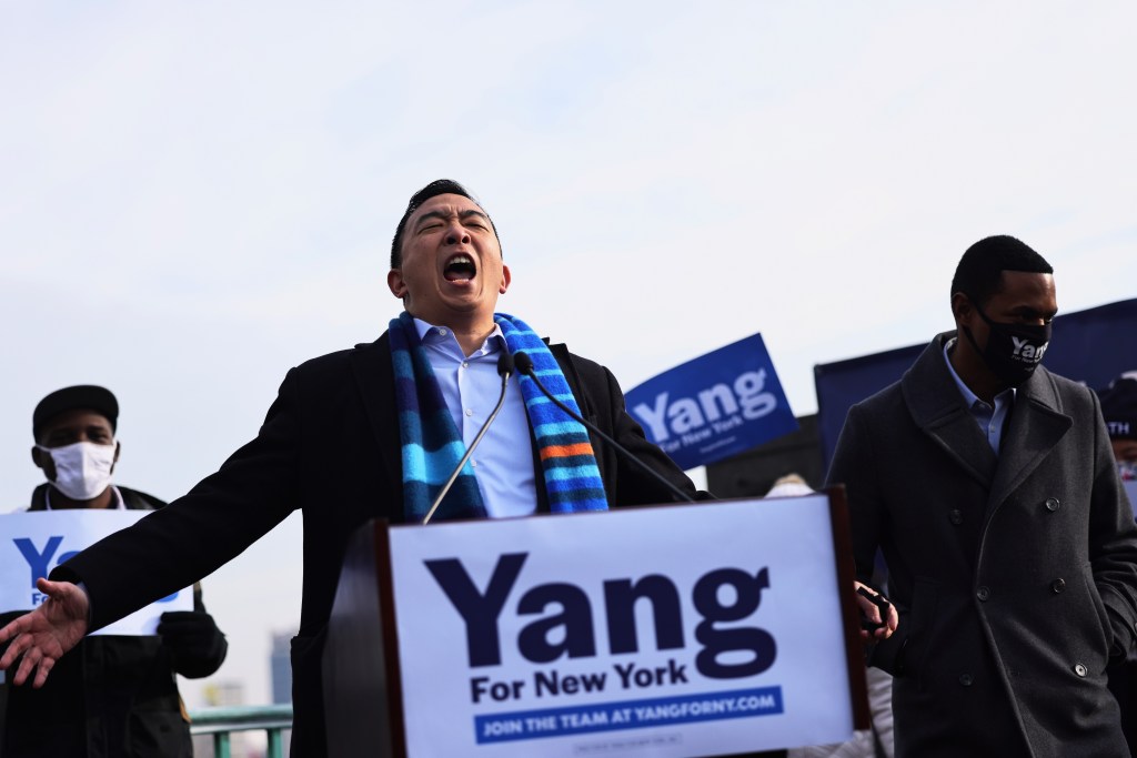 NEW YORK, NEW YORK - JANUARY 14:  New York City Mayoral candidate Andrew Yang screams as he prepares to speak at a press conference on January 14, 2021 in New York City. Former presidential candidate Andrew Yang announced his candidacy for Mayor of New York City. (Photo by Michael M. Santiago/Getty Images)
