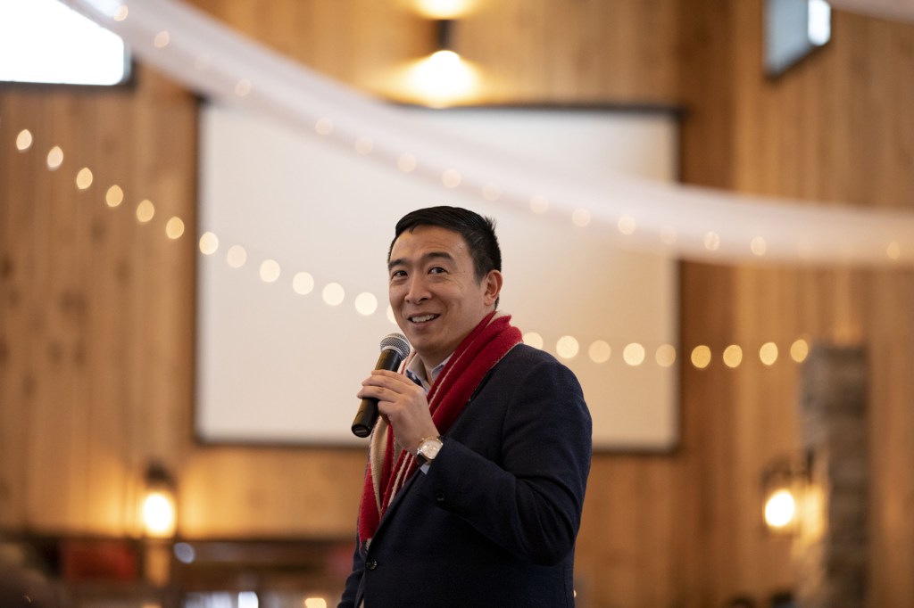 Andrew Yang, founder of Venture for America and 2020 Democratic presidential candidate, speaks during a campaign rally in Burlington, Iowa, U.S., on Wednesday, Jan. 29, 2020. Iowa remains up for grabs with nearly half of voters saying they could change their minds five days before the Feb. 3 caucuses, according to a Monmouth University poll released Wednesday. Photographer: Daniel Acker/Bloomberg via Getty Images