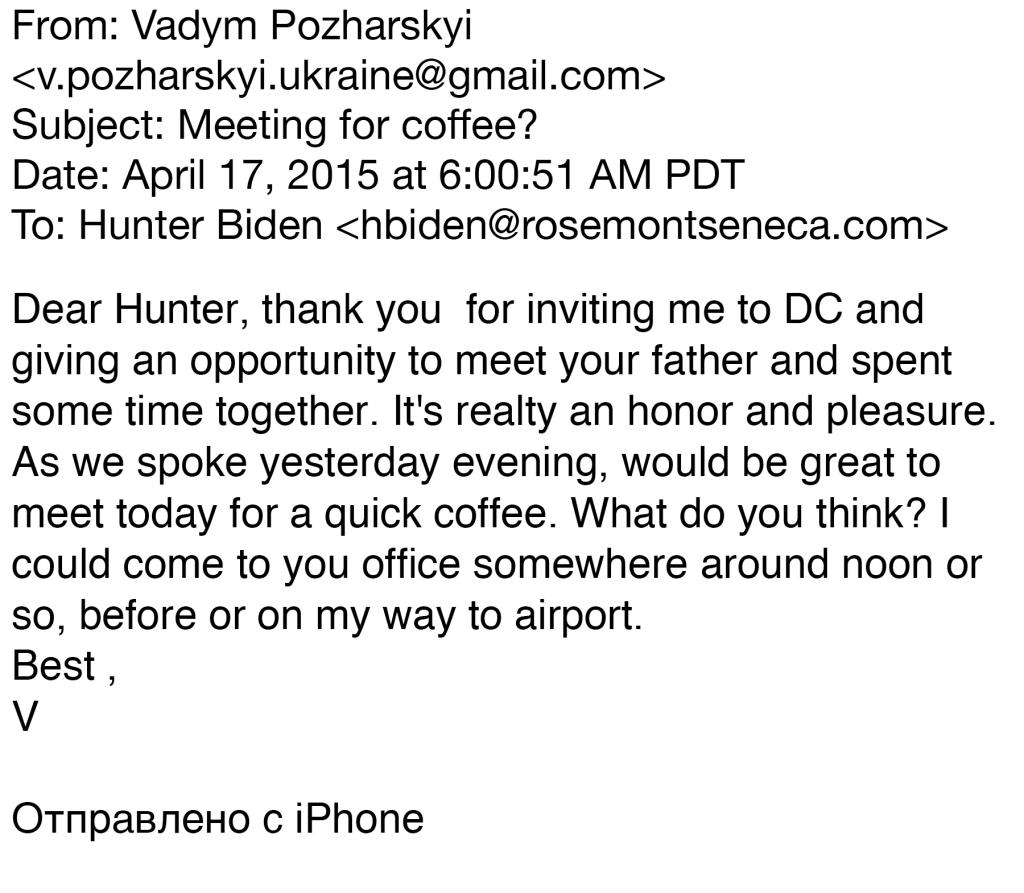 An email from Vadym Pazharskyi asking Hunter Biden to meet for coffee after already meeting Joe Biden.