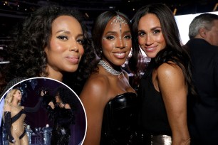 Meghan Markle, 42, (right) was seen partying with Kerry Washington, 46, (left) and Kelly Rowland (center) as well as other big names at Beyoncé's Renaissance World Tour stop in Los Angeles Monday.  