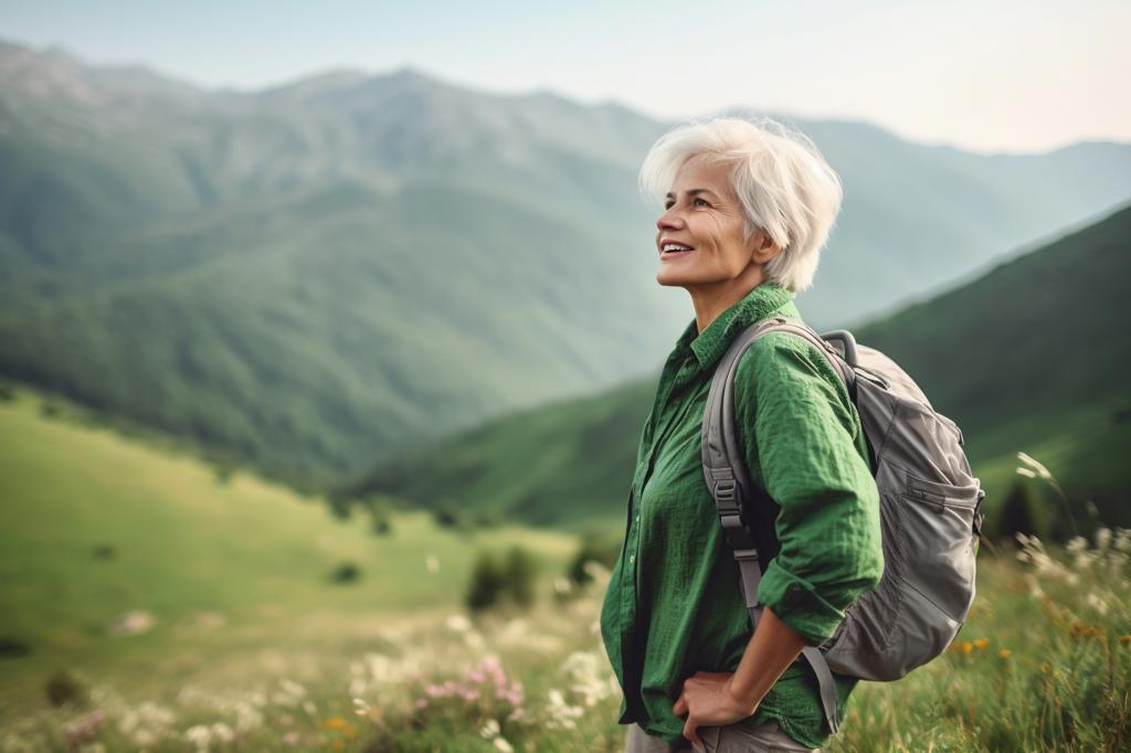 Active smiling mature woman with grey hair walking or hiking in the mountains, outdoors. Generative AI