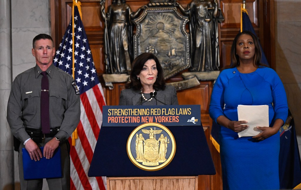 Gov. Kathy Hochul  and acting state Police superintendent Steven Nigrelli. 