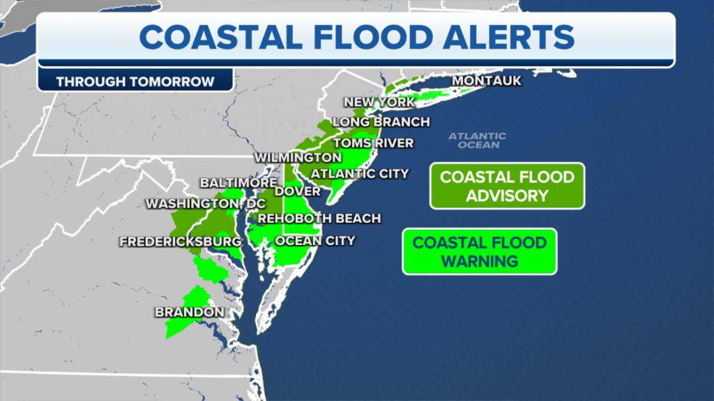 Weather graphic shows coastal flood alerts along East Coast.