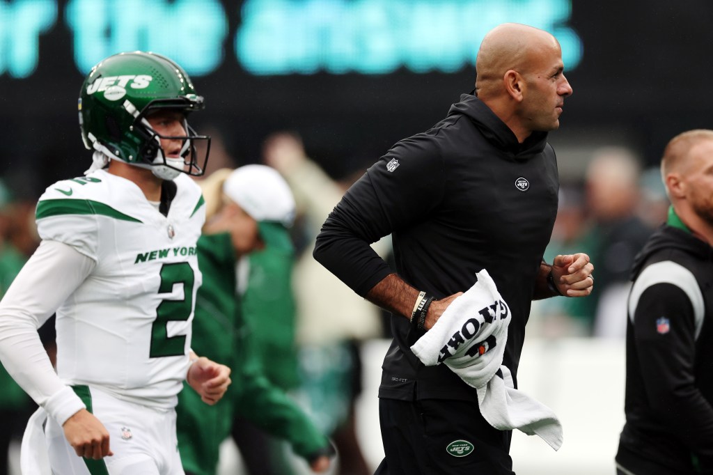 Head coach Robert Saleh of the New York Jets looks on prior to a game against the New England Patriots at MetLife Stadium on September 24, 2023 in East Rutherford, New Jersey.