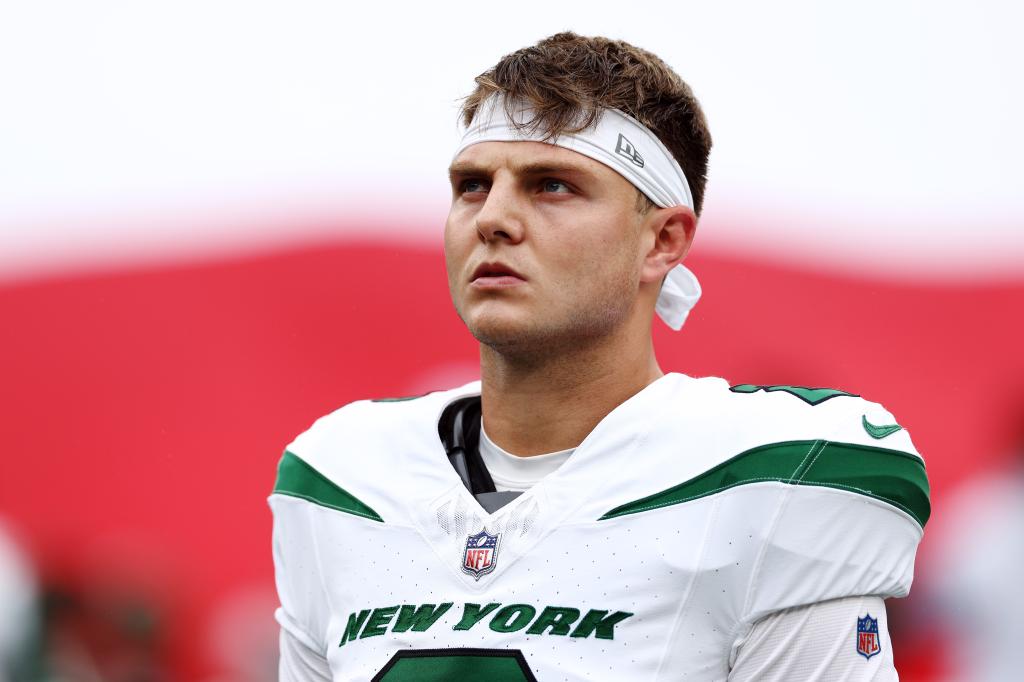 Zach Wilson looks on before the Jets-Patriots game on Sept. 24, 2023.