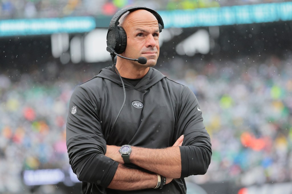 New York Jets head coach Robert Saleh  reacts on the sideline.