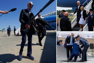 President Biden and his team are committed to preventing public stumbles and falls before next year's election, so they have resorted to having the octogenarian leader use a shorter flight of stairs on Air Force One (top right) and wearing non-slip athletics shoes (left).