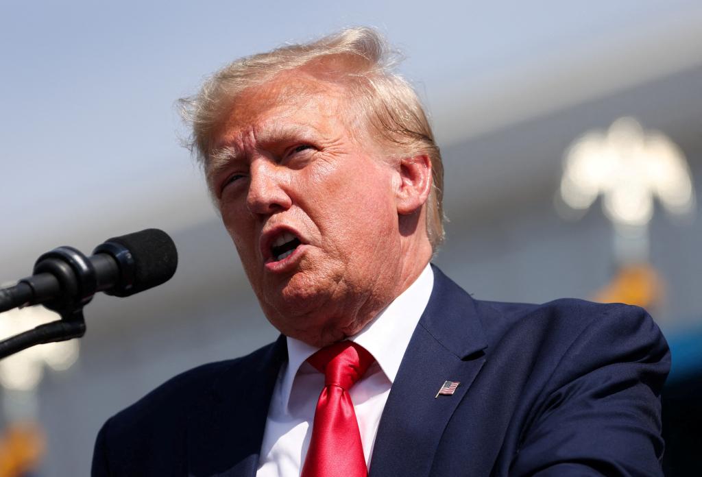 Former U.S. President and Republican presidential candidate Donald Trump speaks during a 2024 presidential election campaign event.