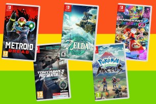 Nintendo Switch video games in front of orange, yellow and green background.