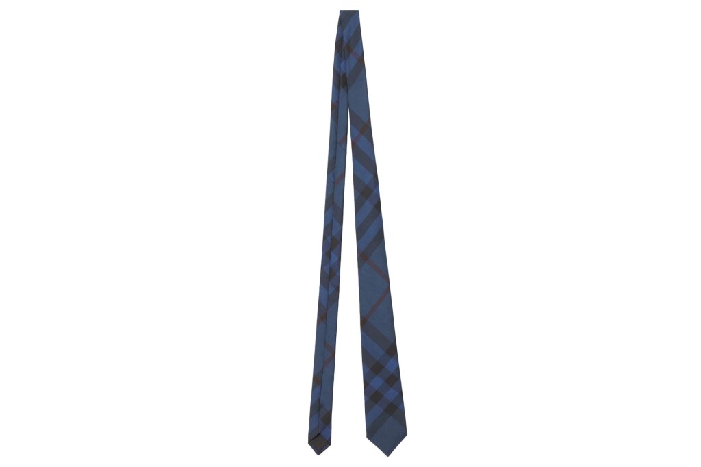 Navy blue men's skinny tie with black plaid stripes.