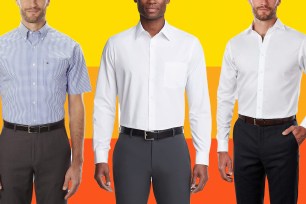 Three models in dress shirts on a yellow and orange background.