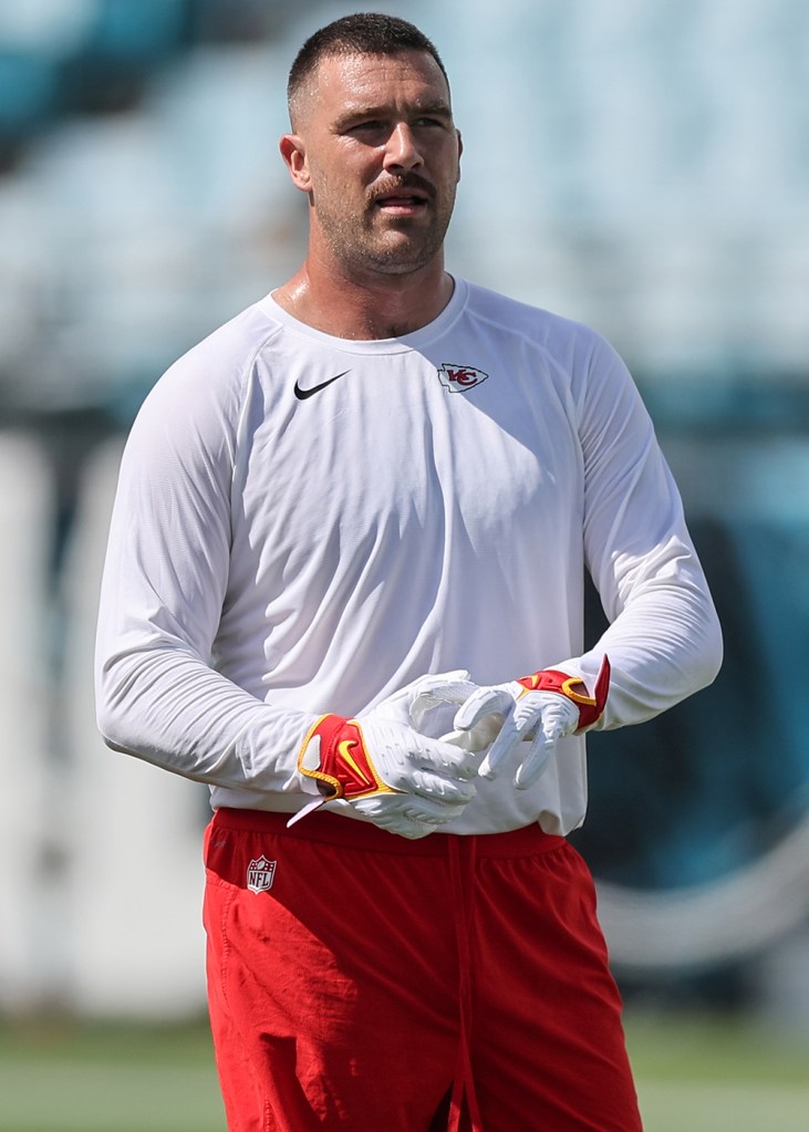 Travis Kelce #87 of the Kansas City Chiefs warms up prior to the game against the Jacksonville Jaguars at EverBank Field on September 17, 2023 in Jacksonville, Florida. 