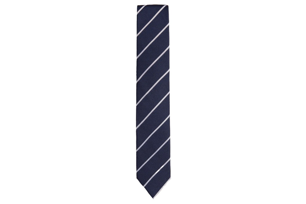 Navy men's tie with skinny white stripes.