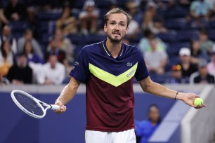 Daniil Medvedev talks to fans for being loud against Christopher O'Connell of Australia during their Men's Singles Second Round match on Day Four of the 2023 US Open at the USTA Billie Jean King National Tennis Center at USTA Billie Jean King National Tennis Center on August 31, 2023 in the Flushing neighborhood of the Queens borough of New York City.