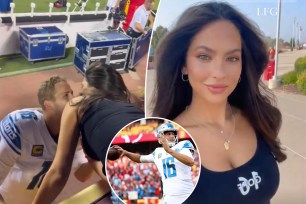 Lions quarterback Jared Goff shared a sweet moment with his fiancée, Sports Illustrated Swimsuit model, Christen Harper after Detroit's season-opening win over the Chiefs on Thursday. 