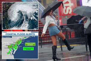 Composite image: Tropical Storm Ophelia radar images, woman with umbrella