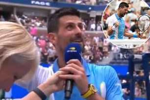 Novak Djokovic sings along with the fans at the U.S. Open on Tuesday.