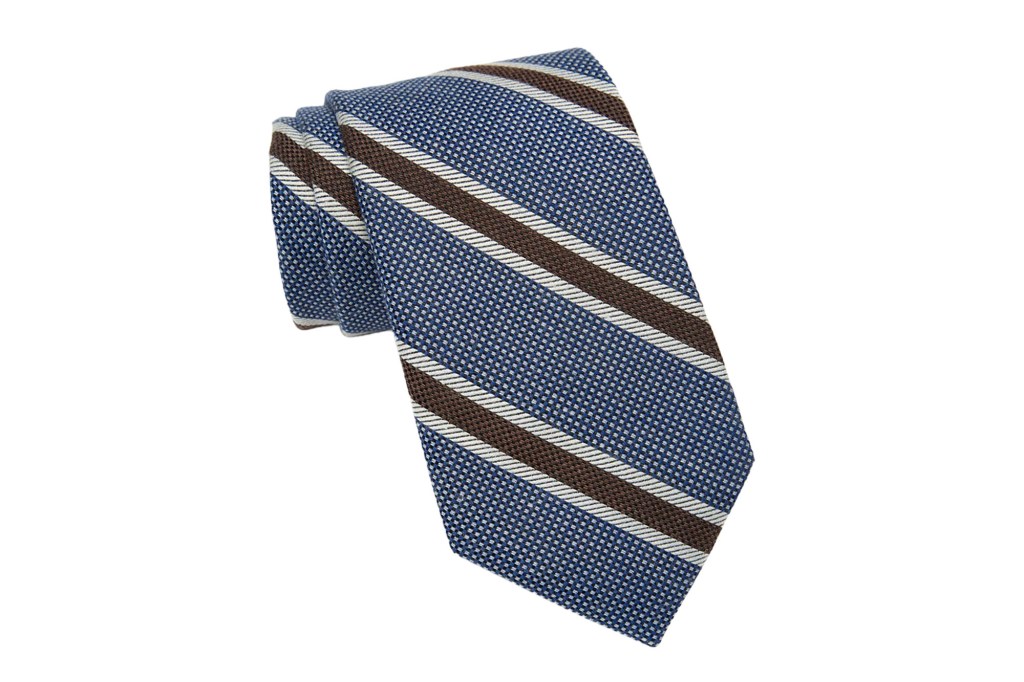 Blue, brown and silver striped men's tie.