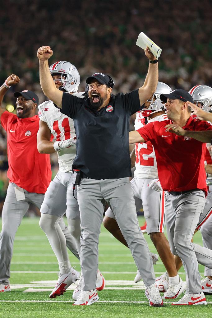 Head coach Ryan Day, pictured celebrating Saturday, helped the Buckeyes remain undefeated for the 2023 season.