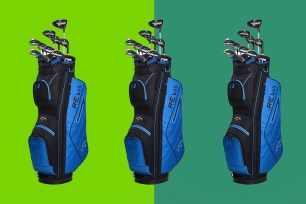 Blue golf bags repeat on a green background.