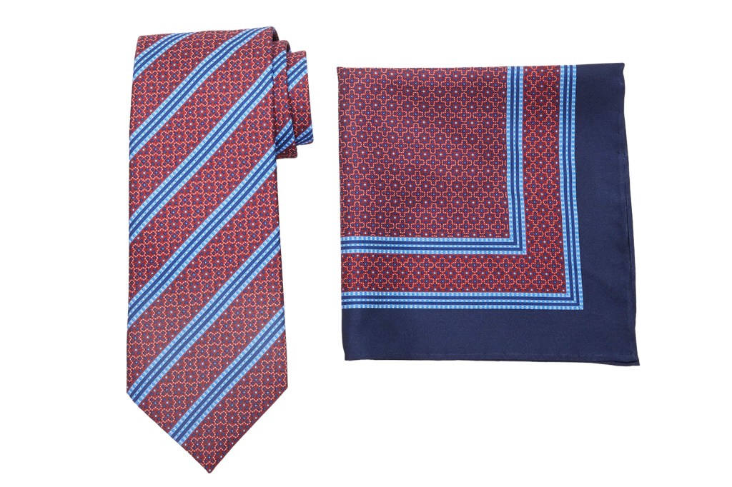 Light red and blue striped silk tie with matching patterned kerchief.