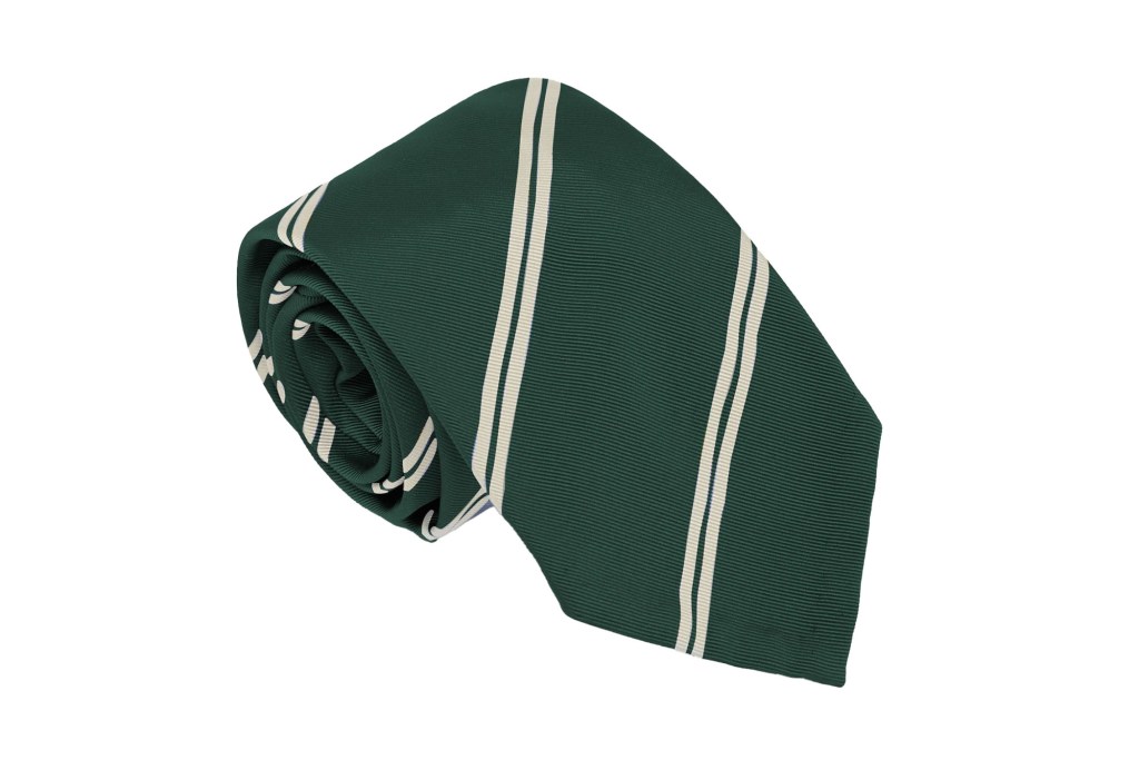 Green men's tie with white stripes.
