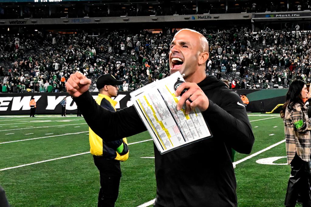 Jets head coach Robert Saleh reacts as he comes off the field after the Jets beat the Philadelphia Eagles 20-14 in East Rutherford, NJ.