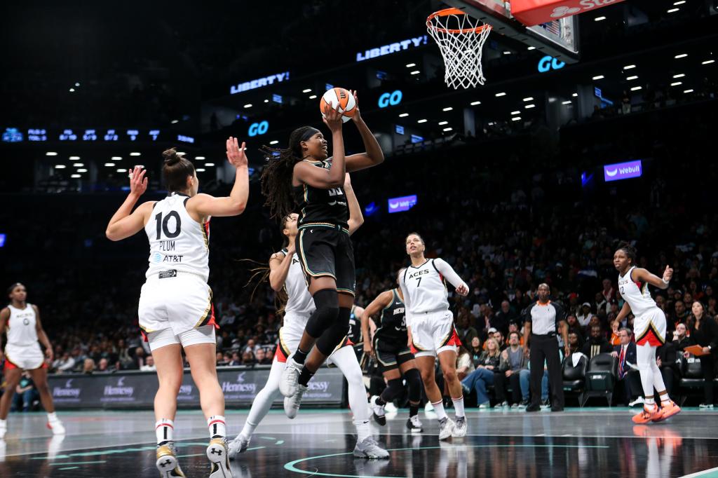 Jonquel Jones #35 of the New York Liberty makes shot against the Las Vegas Aces Game 3 of the 2023 WNBA Finals at Barclays Center. 