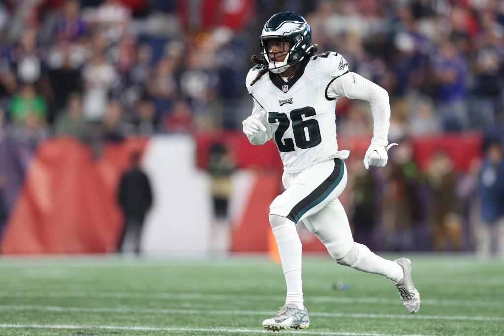 Terrell Edmunds #26 of the Philadelphia Eagles runs during the fourth quarter against the New England Patriots at Gillette Stadium on September 10, 2023