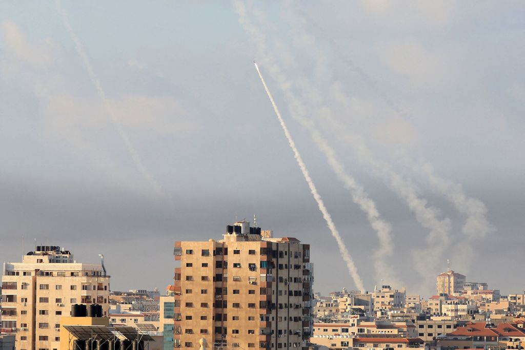 Rockets are fired from Gaza City towards Israel on October 7, 2023.
