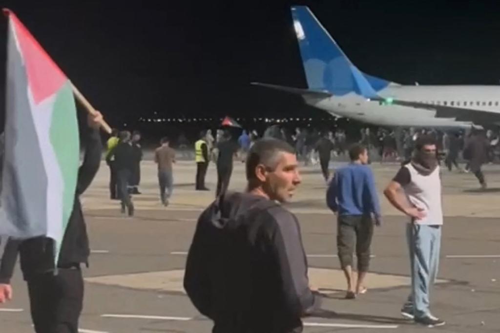 Protestors on the apron area of an airport in Makhachkala are seen on Oct, 29, 2023. 