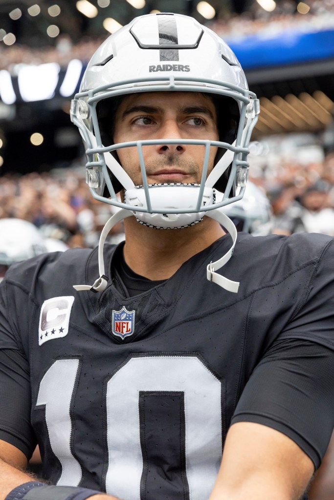 Las Vegas Raiders quarterback Jimmy Garoppolo (10) before the Raiders play against the New England Patriots in an NFL football game, Sunday, Oct. 15, 2023, in Las Vegas, NV. 