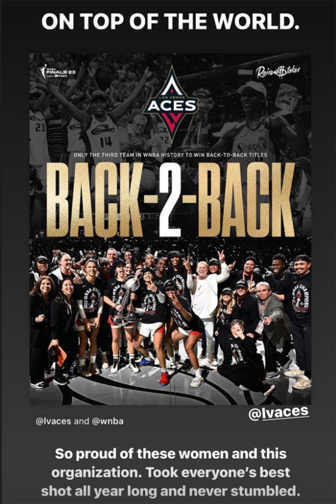 Tom Brady celebrated the Las Vegas Aces winning their second consecutive title after beating the New York Liberty in Game 4 of the WNBA Finals on October 18, 2023. 