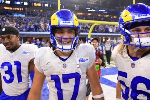  Puka Nacua #17 of the Los Angeles Rams celebrates a walk-off game-winning touchdown against the Indianapolis Colts 