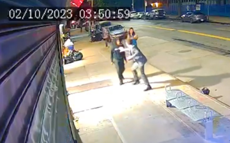 Surveillance video obtained by the Post shows the moment an unidentified suspect fatally stabbed Ryan Carson at the intersection of Malcolm X Boulevard and Lafayette Avenue in Beford-Stuyvesant, Brooklyn, early Sunday, Oct. 1, 2023. Carson, 32, was stabbed multiple times in the chest by a stranger just before 4 a.m.