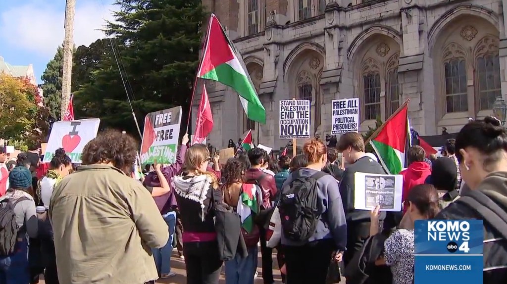 Students are pictured holding Palestinian flags and signs supporting Palestine on campus.