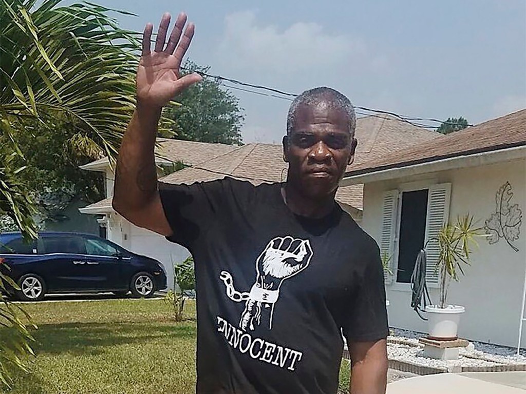 In this photo provided by the Innocence Project of Florida, Leonard Allen Cure poses on the day of his release from prison on April 14, 2020