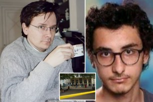 Police found audio and video recordings in Mohammed Mogouchkov's (right) phone in which the 20-year-old refugee suspected of stabbing to death a teacher (left) at a school in France (center) allegedly pledged allegiance to ISIS and denounced French values