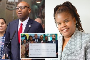 Queens Borough President Donovan Richards, left; former PTA leader and PEP appointee Sheree Gibson, right; at center, the two of them in a group shot holding a check at a school event.