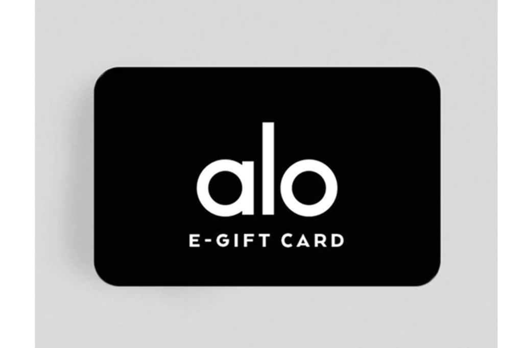 A black gift card with the words Alo E-gift Card written in white on front.
