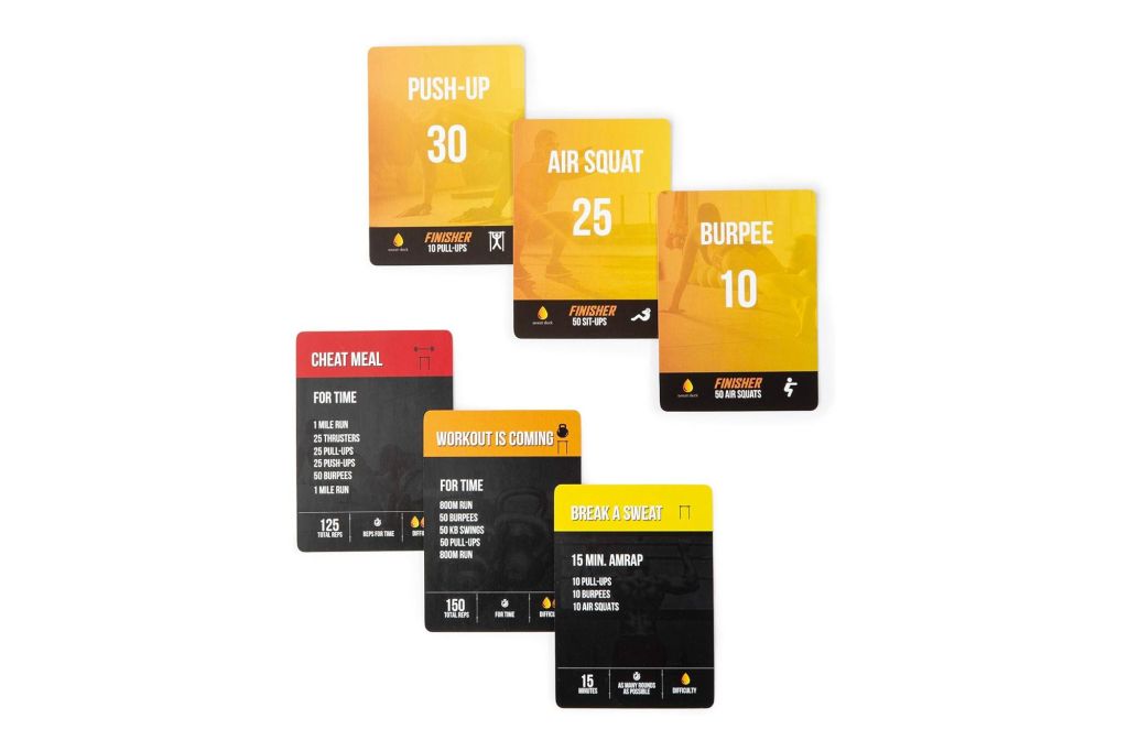 Six fitness cards with workouts printed on each one.