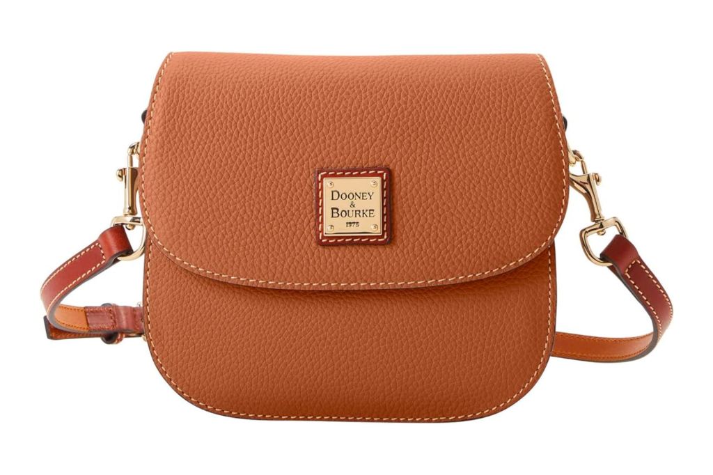 A brown leather crossbody bag.