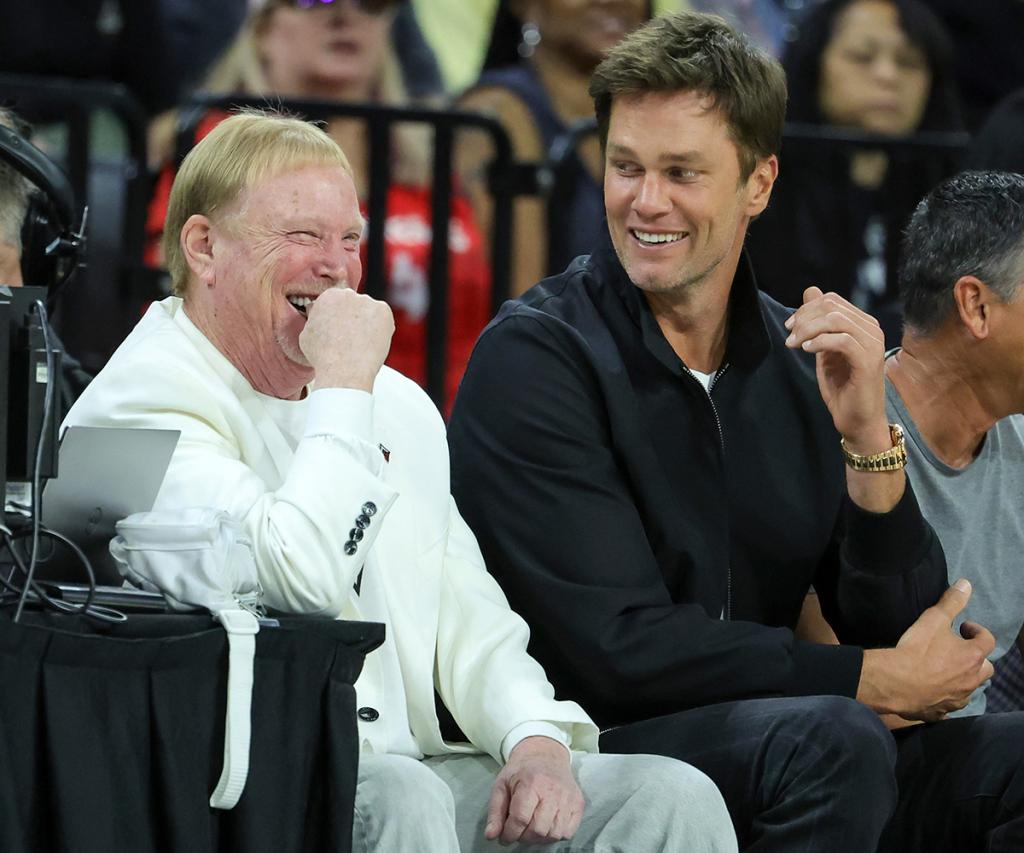 Las Vegas Raiders owner and managing general partner Mark Davis (L) and Aces part owner Tom Brady at Game 1 of the 2023 WNBA Finals  at Michelob ULTRA Arena on October 8, 2023 in Las Vegas, Nevada.  