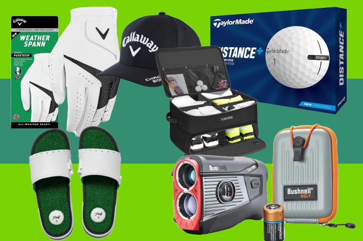 A collection of golf equipment and items