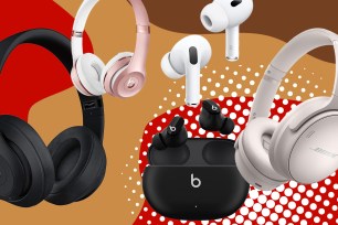 Sale headphones (including AirPods and Beats) on a brown, red, and beige background.