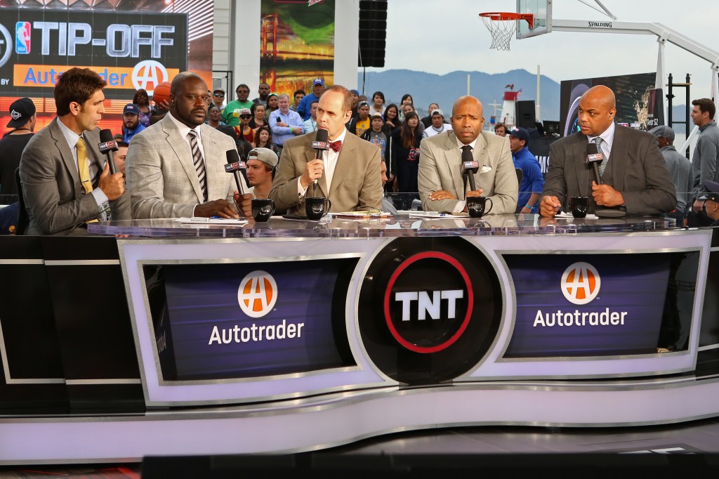 [Left to right] Former Golden State Warriors General Manager, Bob Myers, and TNT Analysts Shaquille O'Neal, Kenny Smith, Charles Barkley and Ernie Johnson.